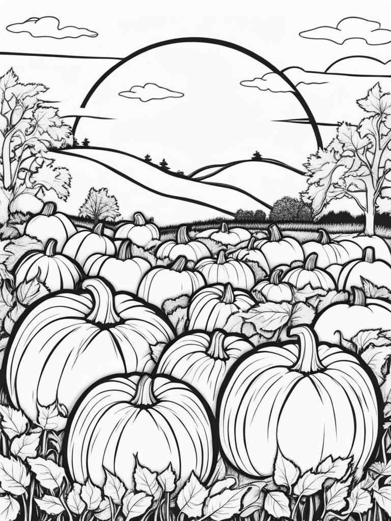 pumpkin coloring pages - a pumpkin patch fills with vibrant pumpkins in autumn. 