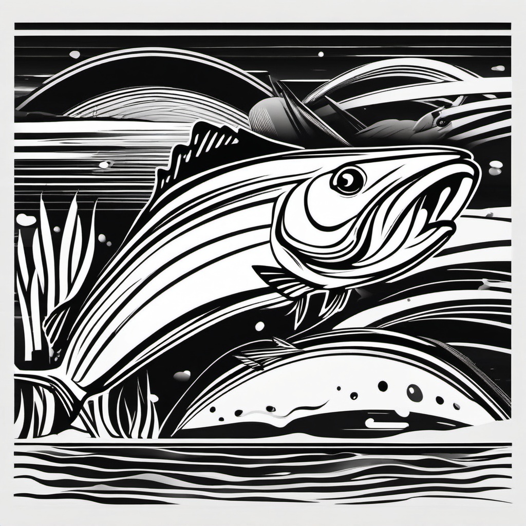 Black and White Fishing Clipart,Designing a monochrome fishing-themed poster with black and white fishing clipart  simple, 2d flat