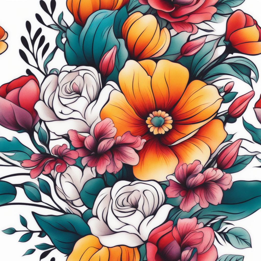 Tattoo flower bouquet, Artistic tattoos representing a bouquet of flowers.  vivid colors, white background, tattoo design