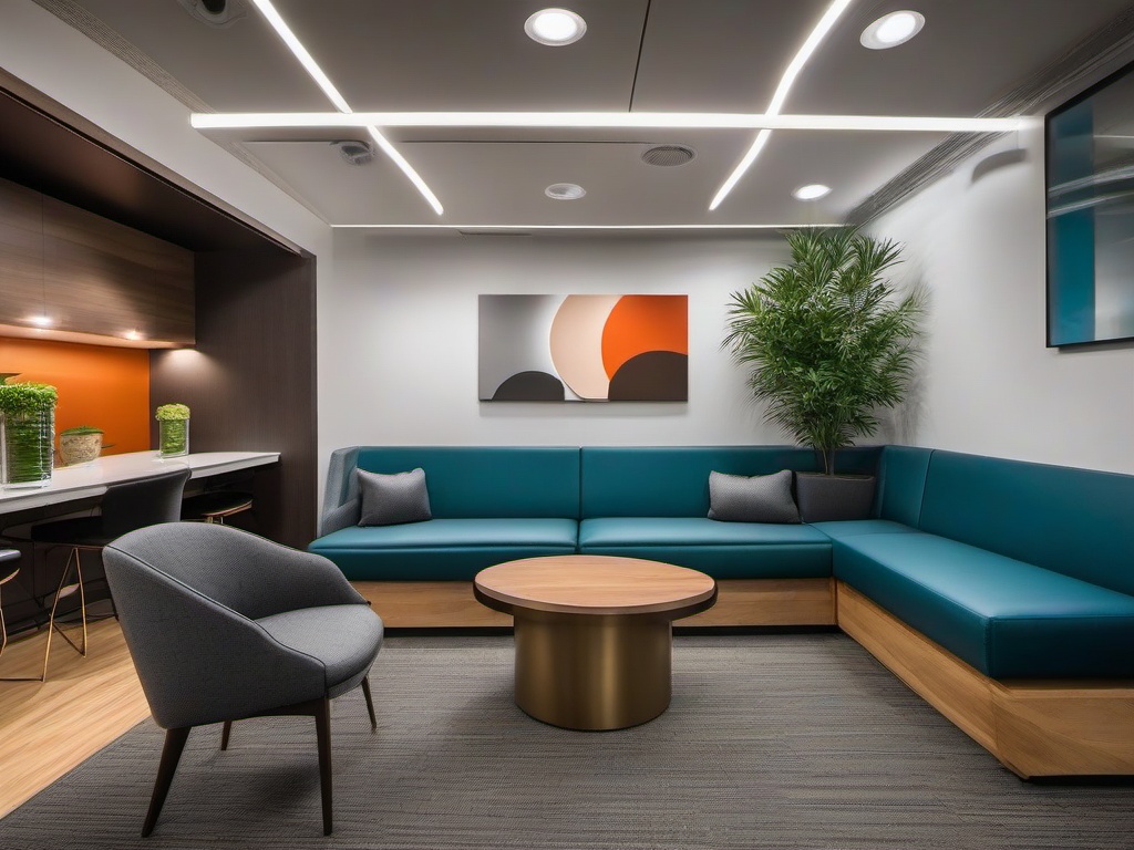 In the office break room, urban modern interior design includes comfortable seating, sleek decor, and a warm ambiance that encourages relaxation and socialization among employees.  