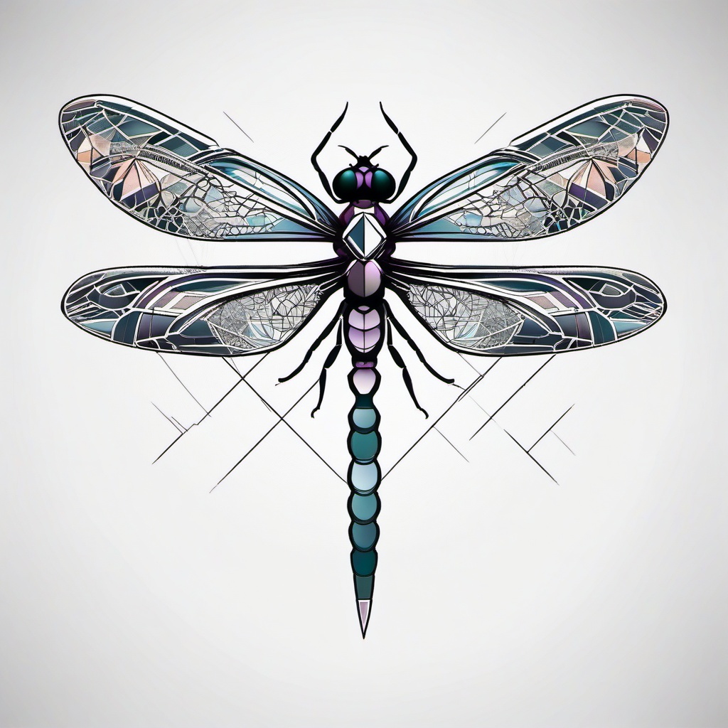 Geometric Dragonfly Tattoo - Tattoo featuring a dragonfly design with geometric patterns.  simple color tattoo,minimalist,white background