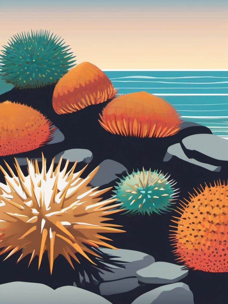 Spiny Sea Urchin Clip Art - A spiny sea urchin nestled among rocks,  color vector clipart, minimal style