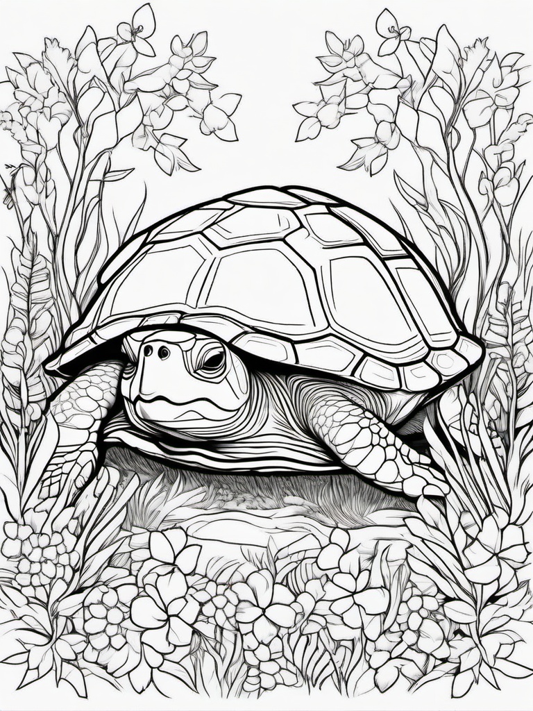 Turtle Coloring Pages - Turtle in a forest with trees and flowers  simple coloring pages