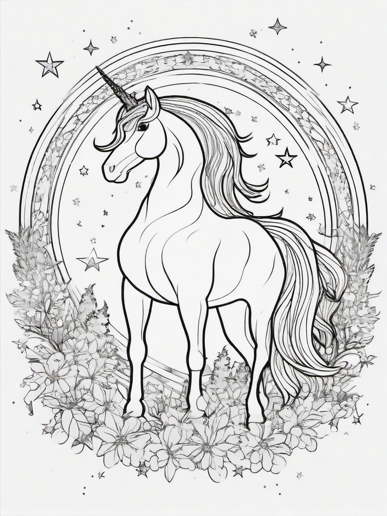 Unicorn and Stars Coloring Pages - Celestial Unicorn in a Starry Sky  minimal black outline printable sheet, coloring page