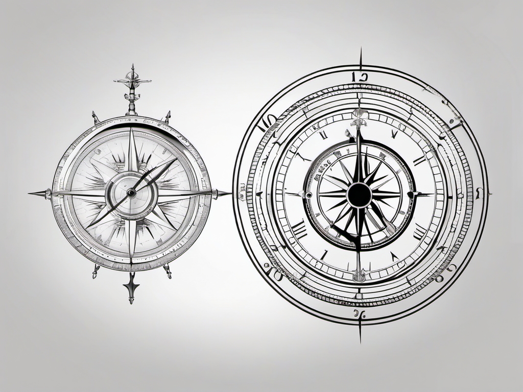 Astrolabe tattoo: Celestial navigation instrument, merging science and time.  black white tattoo, white background