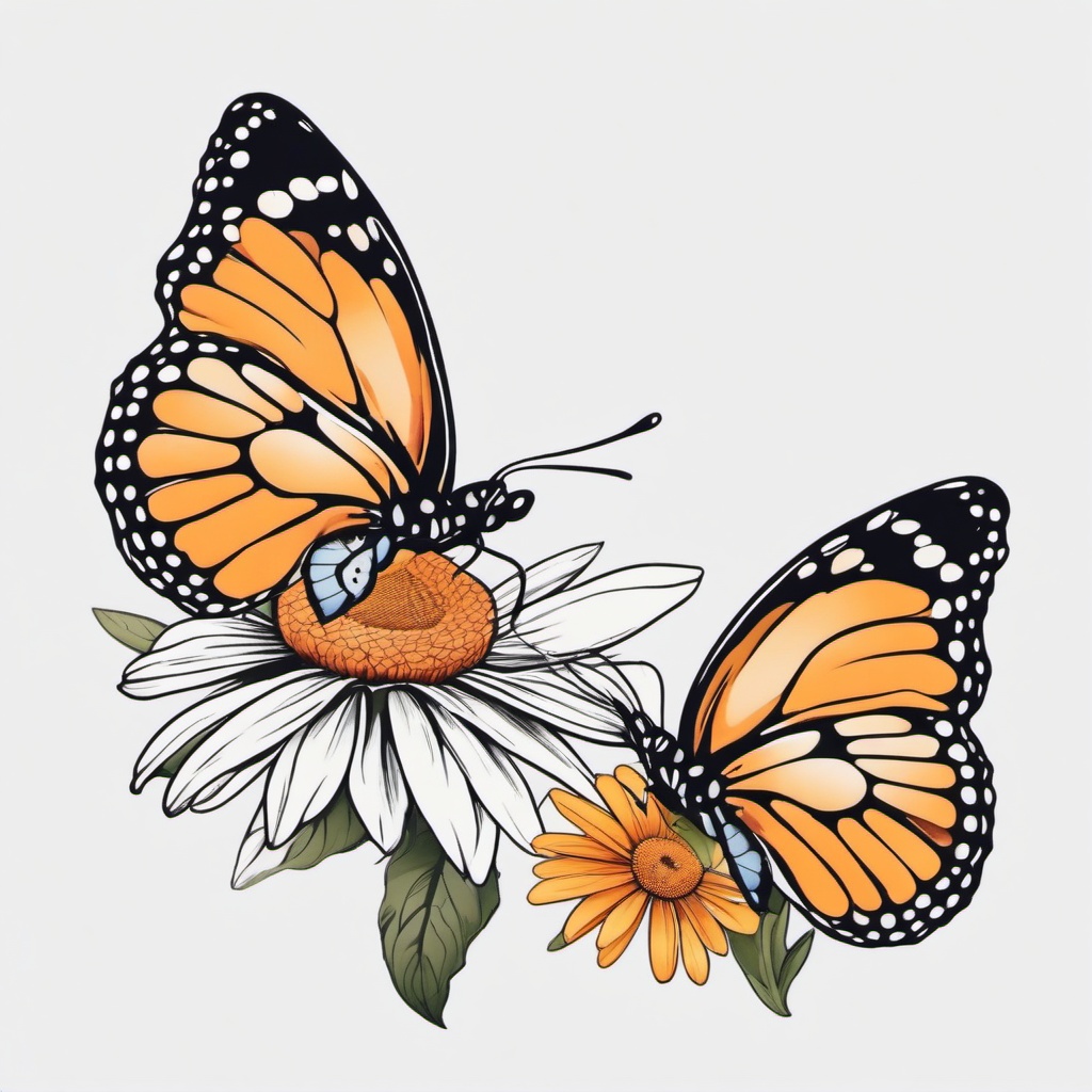 butterfly daisy tattoo  simple color tattoo,white background,minimal