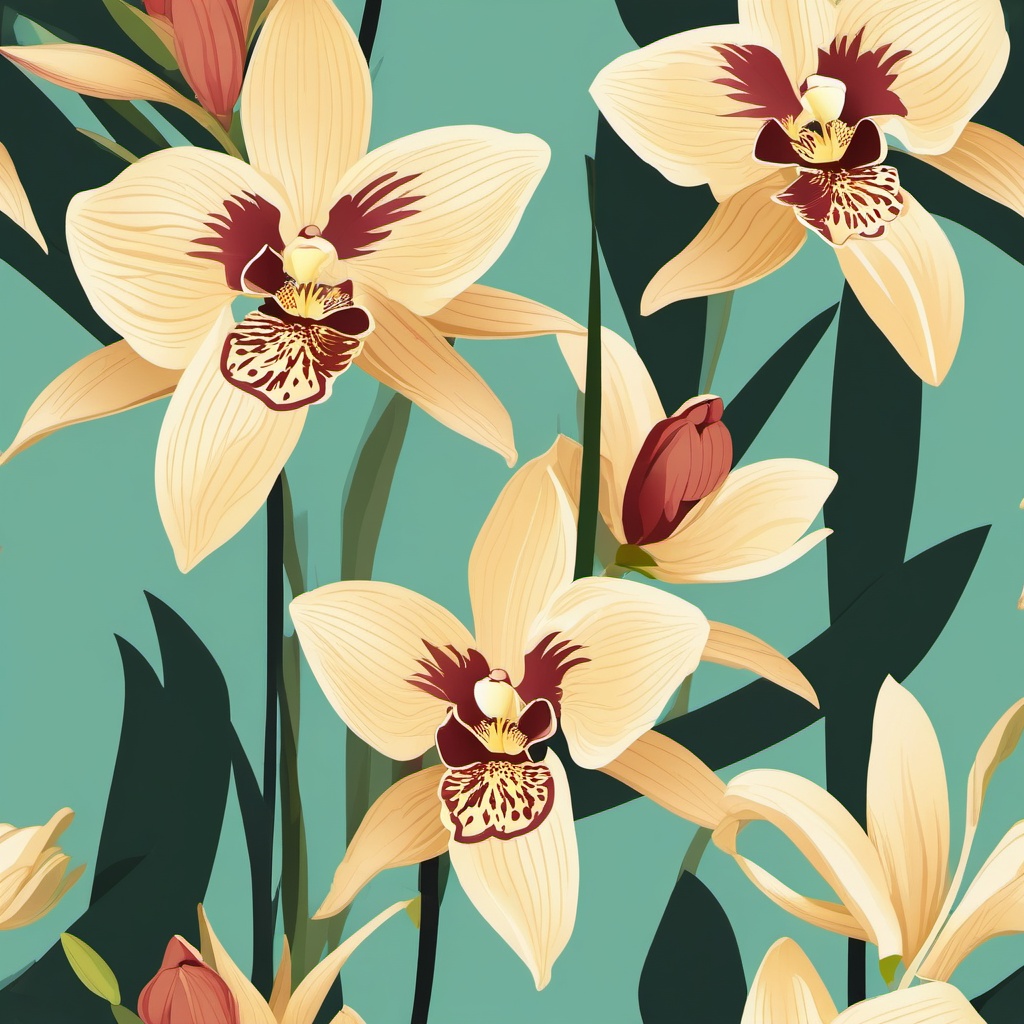 Cymbidium Orchid Clip Art - Elegant cymbidium orchid blooms,  color vector clipart, minimal style