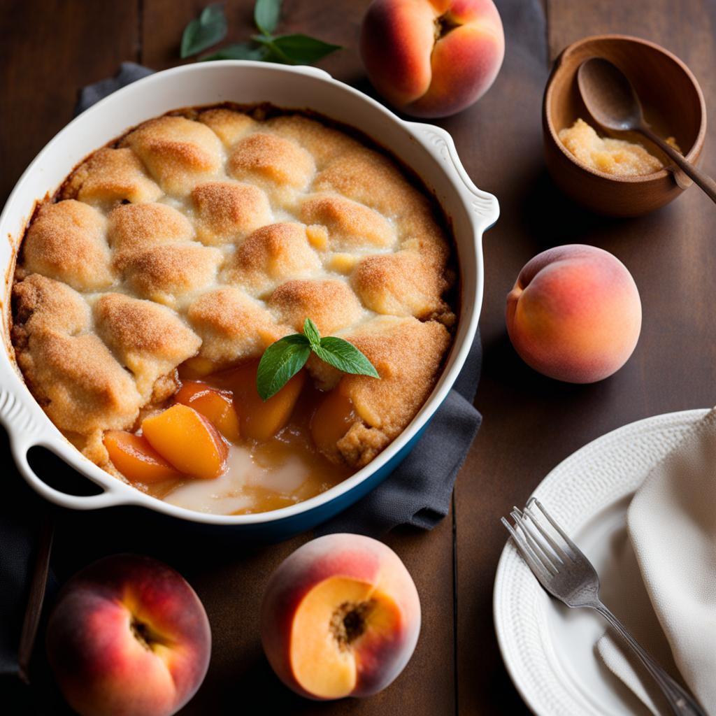 a warm and comforting peach cobbler, bubbling with juicy, cinnamon-spiced peaches. 