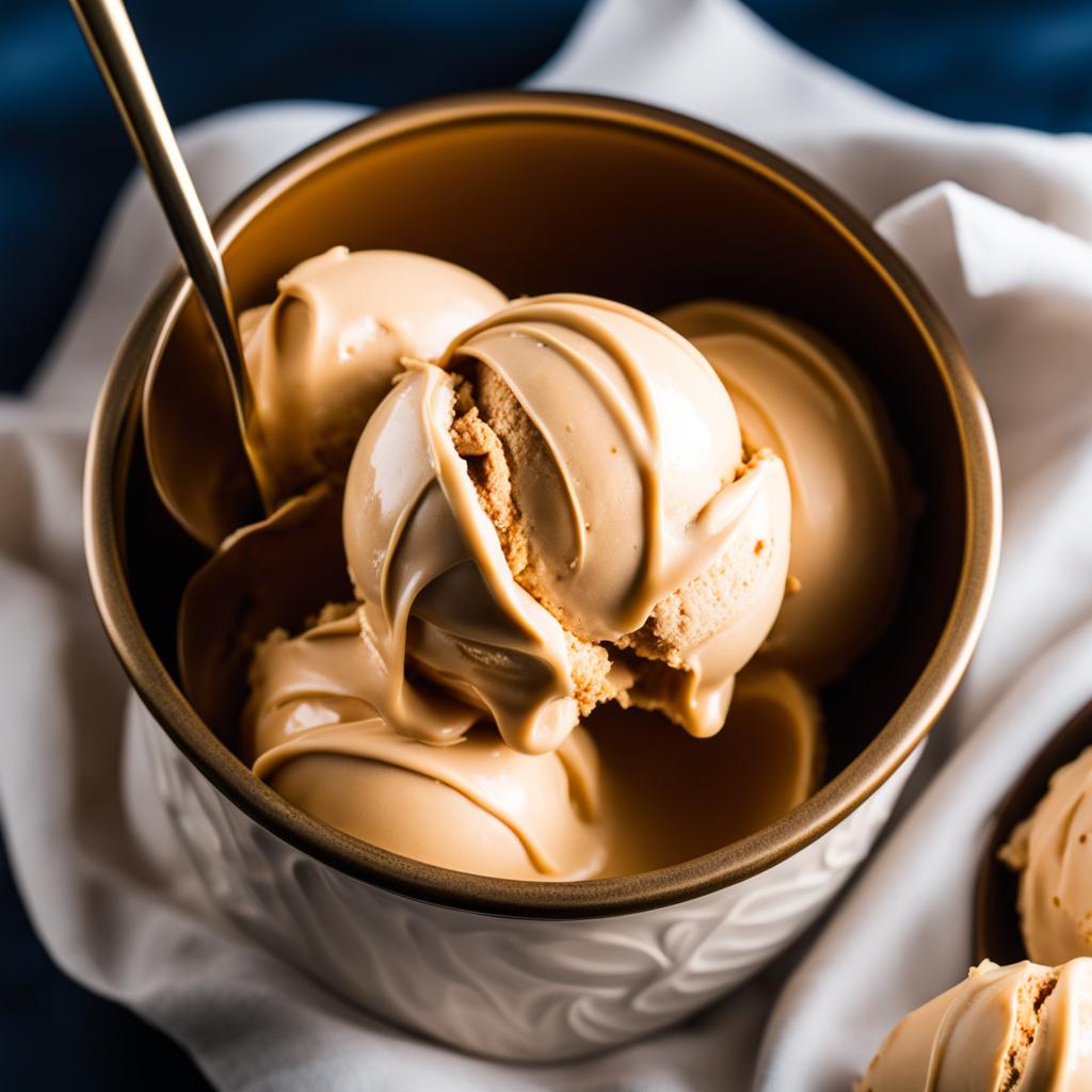 a scoop of creamy peanut butter ice cream, swirled with ribbons of peanut butter. 