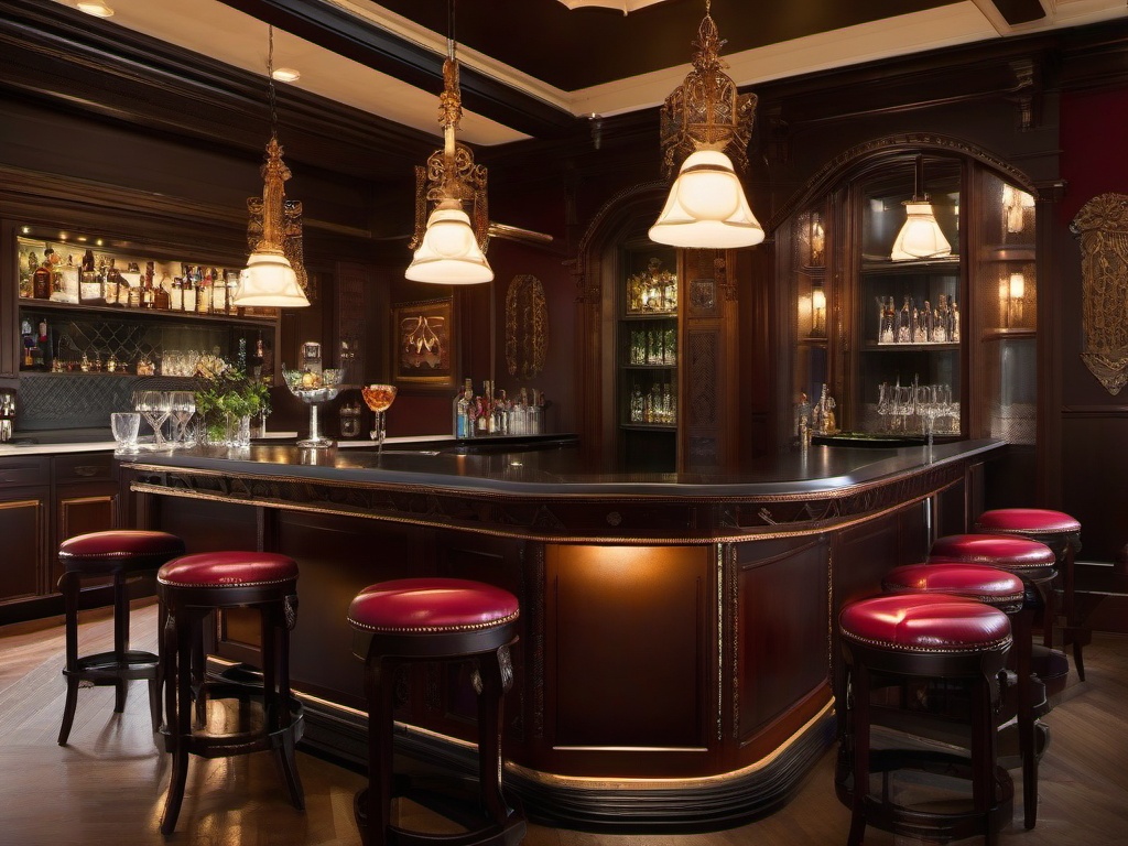 In the bar room, Russian Revival interior design includes ornate bar stools, rich finishes, and traditional decor that create a refined environment for socializing and celebration.  