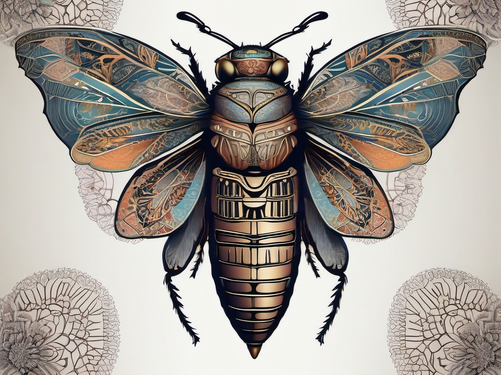 Cicada with intricate mandala patterns ink: Symmetry and beauty merged in insect art.  simple color tattoo style