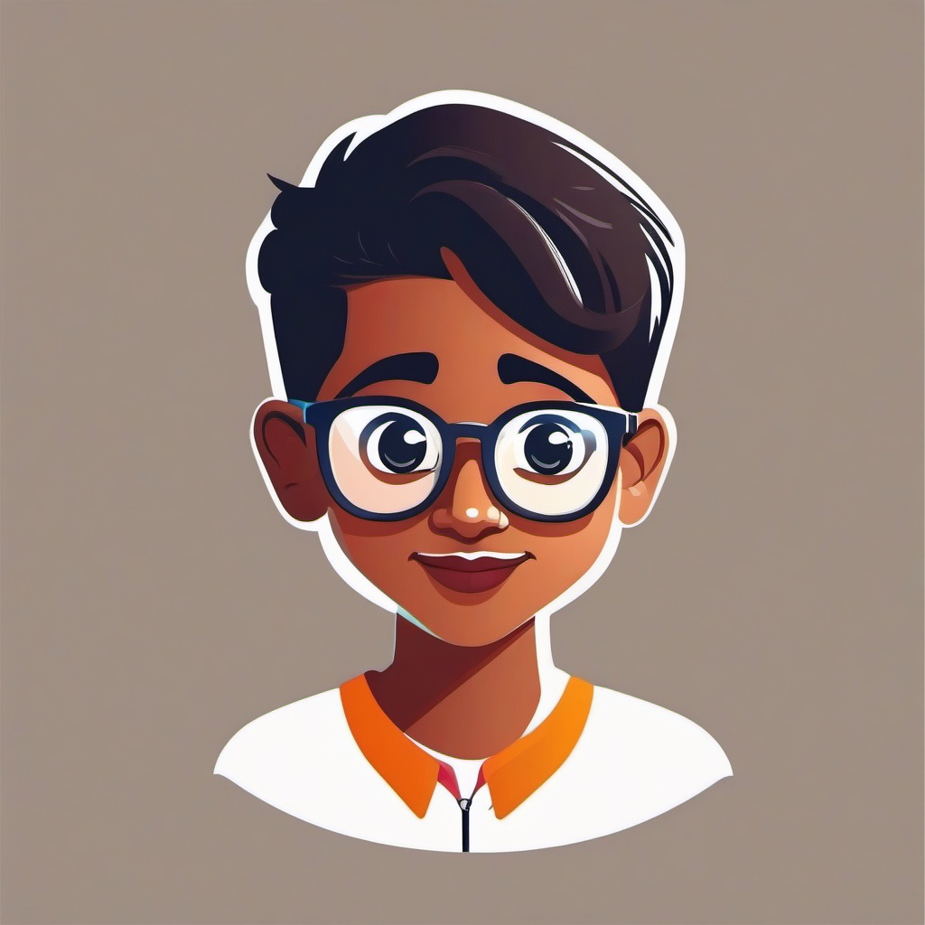 Stylized cartoon , dusky skin indian teenager wearing spectacles, vector flat logo, simple lines, cute cartoon illustration, white backdrop
 