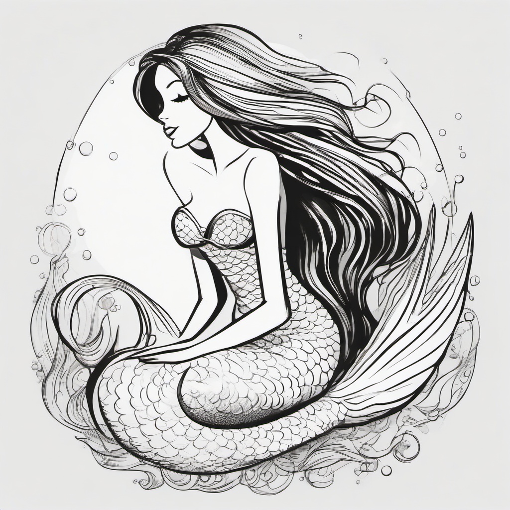 drawing of a cartoon mermaid  minimal rough sketch scribbles,doodles,black and white