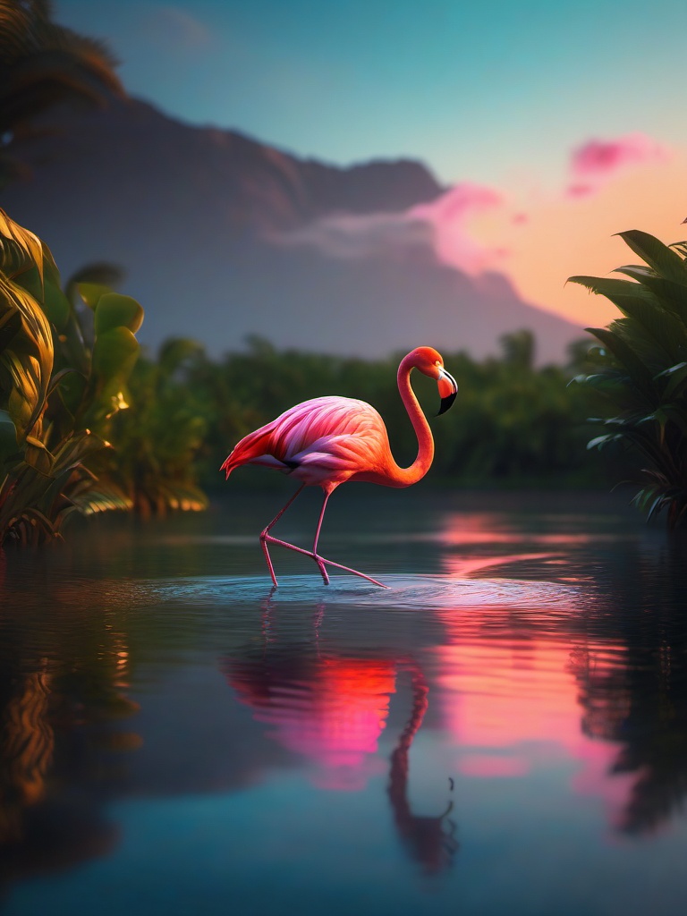 Cute Flamingo Wading in a Serene Lagoon 8k, cinematic, vivid colors