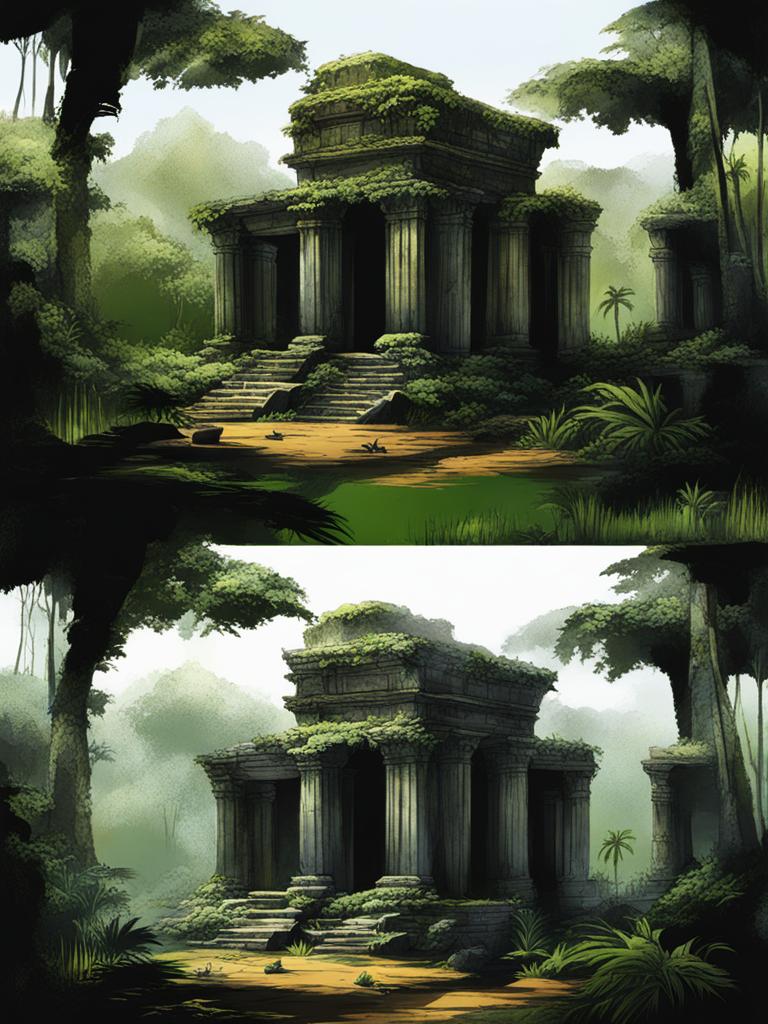 lost ruins - sketch the discovery of ancient and overgrown ruins in a remote jungle. 