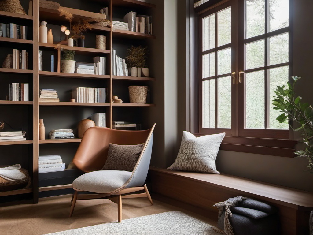 In the reading nook, Japandi interior design highlights a cozy chair, soft textiles, and a calming atmosphere that create a perfect space for enjoying books and daydreaming.  