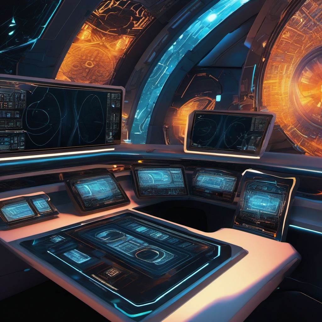 Dual Monitor Wallpaper - Dual-Screen Control Panel in a Futuristic Spaceship  intricate patterns, splash art, wallpaper art