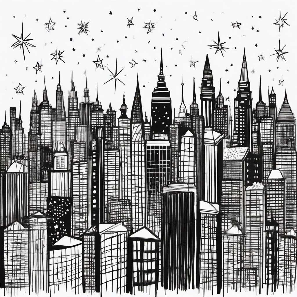 drawing of stars in a city skyline  minimal rough sketch scribbles,doodles,black and white