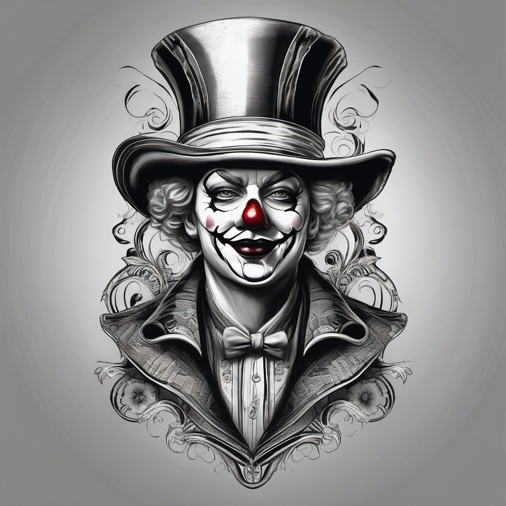 Clown holding a mask design: Layers of identity and the art of performance.  black and white tattoo style