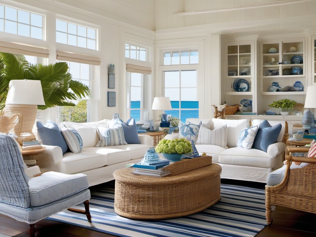 Coastal living room is bright and airy, featuring slipcovered sofas, light wooden furniture, and nautical-themed decor to evoke a seaside escape.  