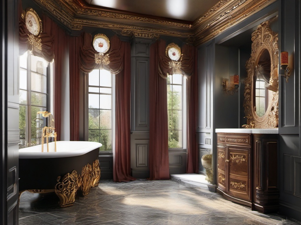 A bathroom with Russian Revival interior design features ornate fixtures, rich materials, and elegant decor that transform the space into a luxurious retreat reminiscent of classic Russian elegance.  