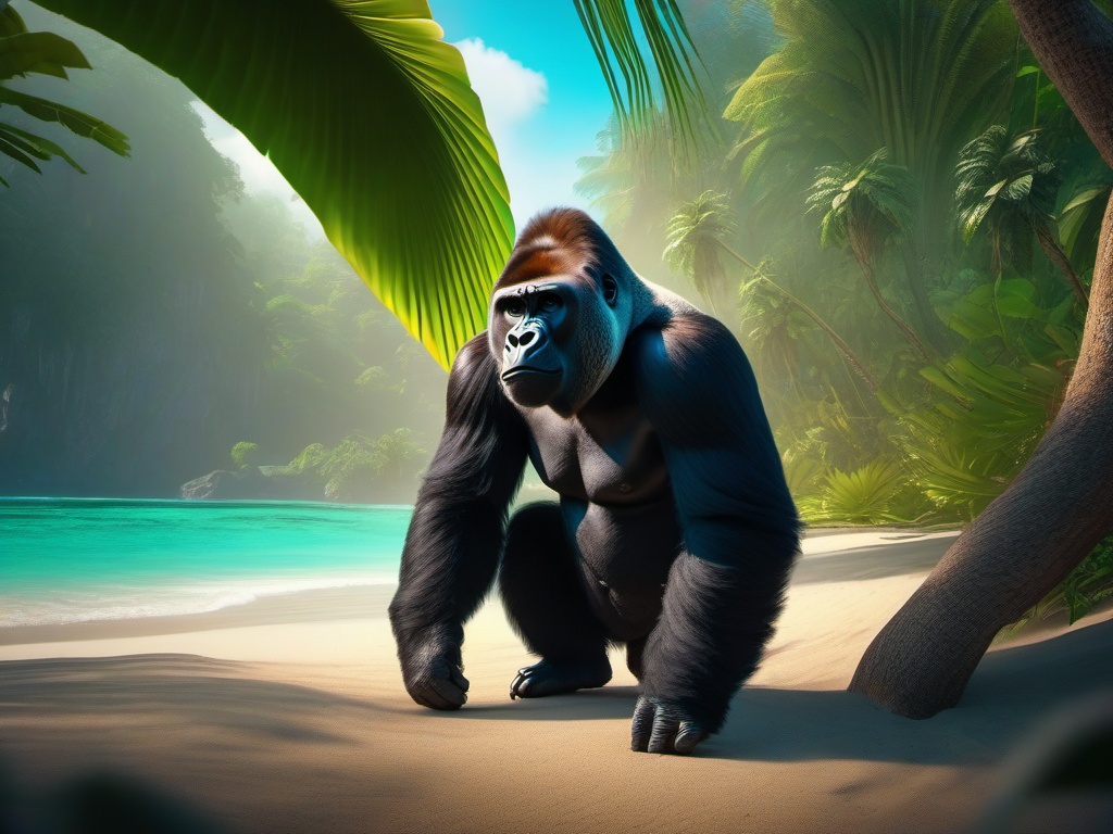 Cute Gorilla Navigating in a Tropical Paradise 8k, cinematic, vivid colors