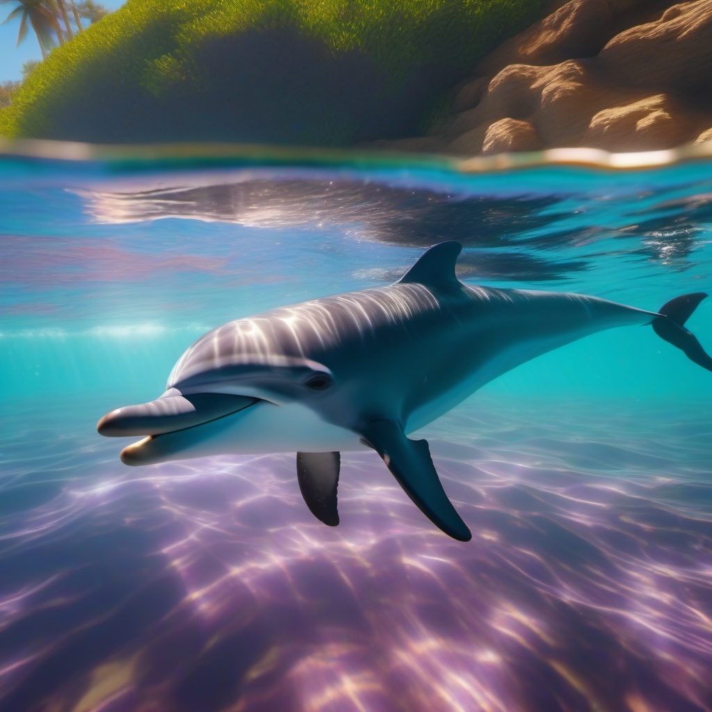 Cute Dolphin Playfully Swimming in a Crystal Cove 8k, cinematic, vivid colors