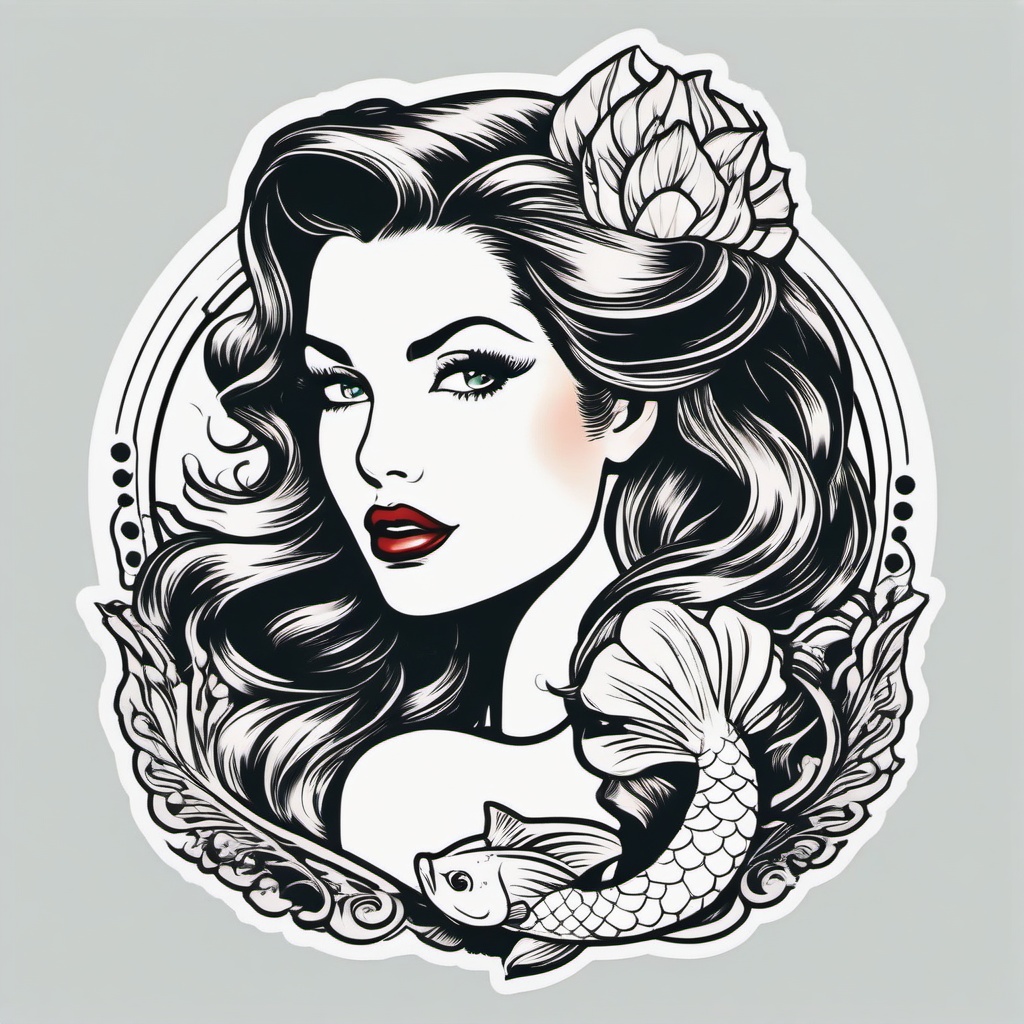 Mermaid Pin Up Tattoo - Infuse classic pin-up aesthetics with a mermaid-themed pin-up tattoo.  simple vector color tattoo,minimal,white background