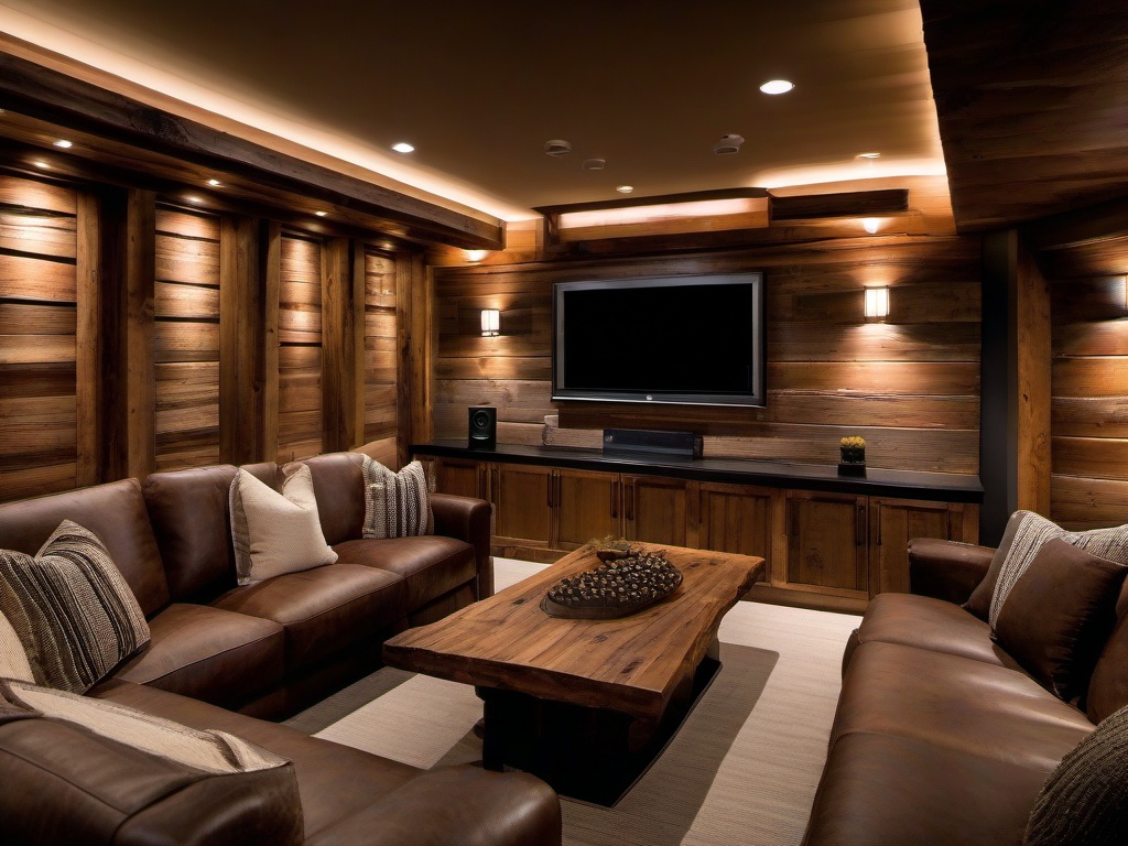 A media room designed with rustic interior design features plush seating, a wooden media console, and cozy lighting that enhances the cinematic experience in a warm environment.  