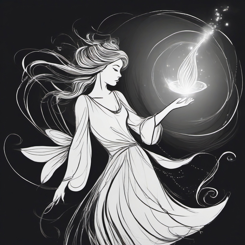 drawing of a fairy casting a spell with a wand  minimal rough sketch scribbles,doodles,black and white