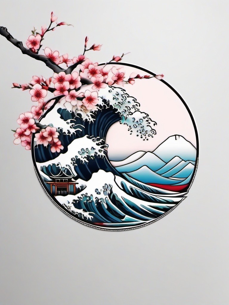 japanese wave and cherry blossom tattoo  simple color tattoo,white background,minimal