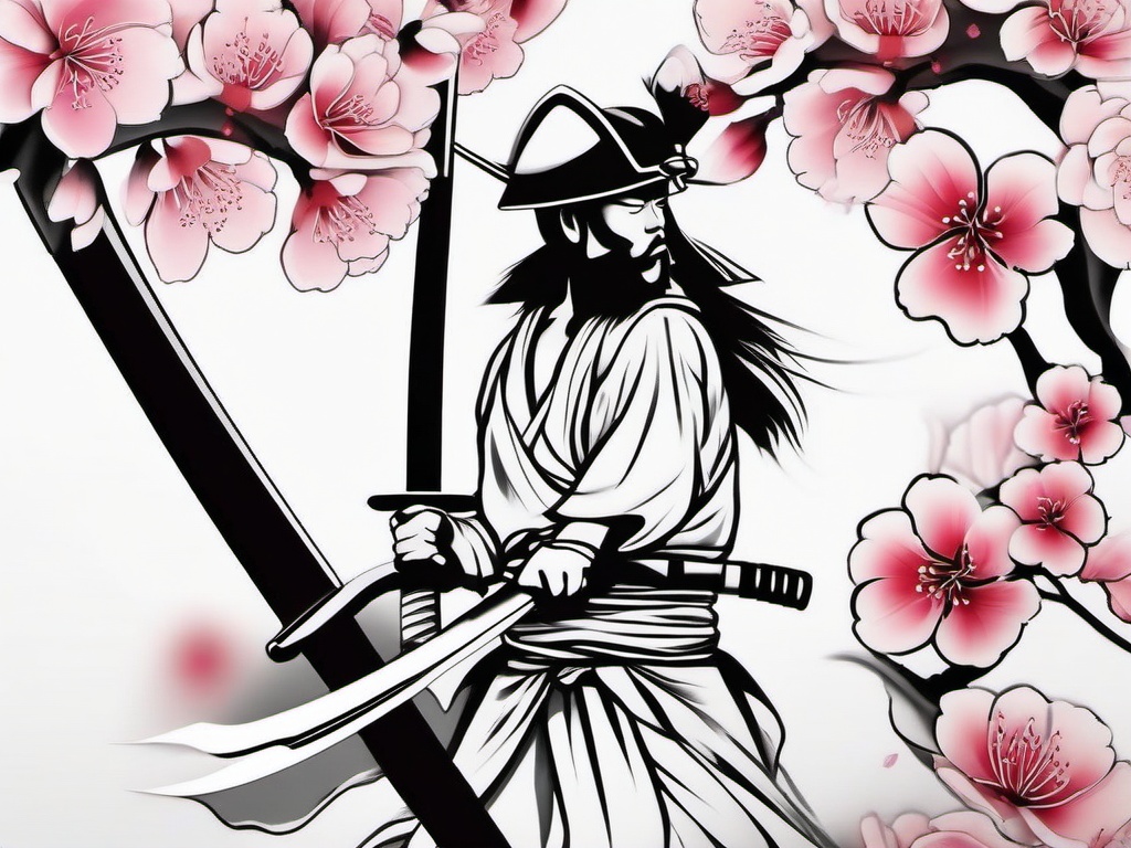 Japanese Cherry Blossom Samurai Tattoo - Warrior spirit, strength, honor.  simple color tattoo,white background,minimal