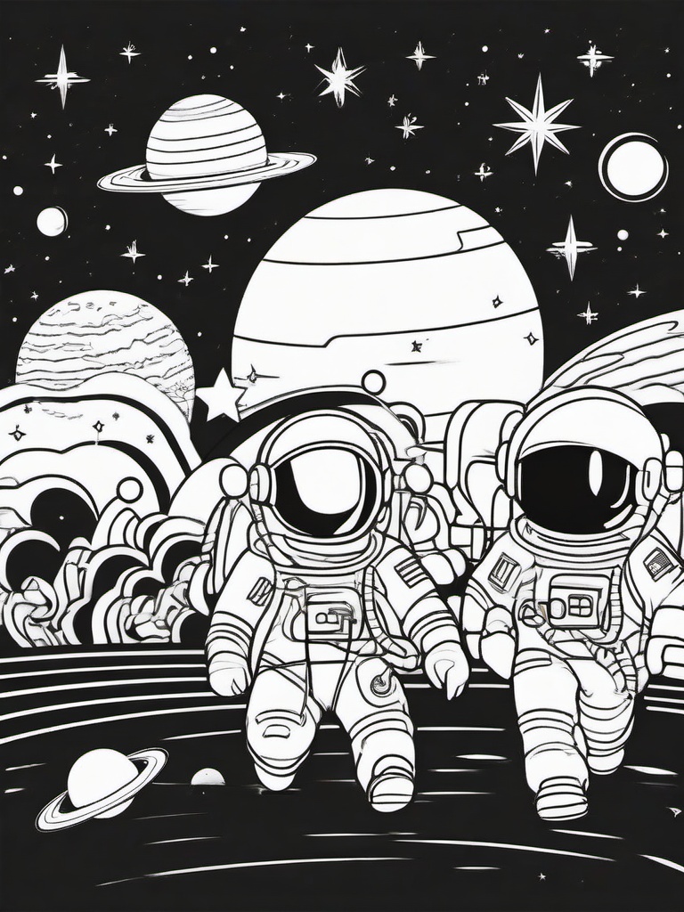 Kawaii Space Adventure Coloring Pages - Characters Exploring Outer Space Together  minimal black outline printable sheet, coloring page