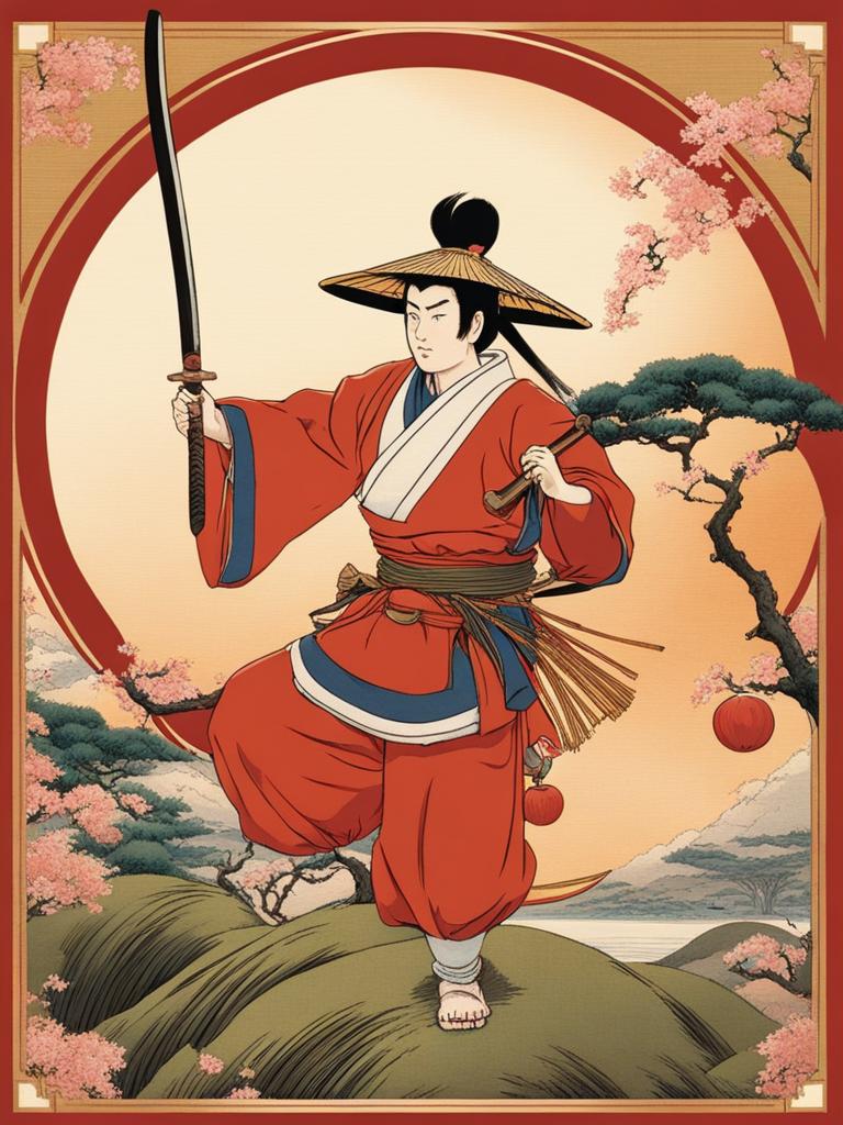 momotaro - the japanese folk hero born from a giant peach, who defeated ogres on onigashima. 