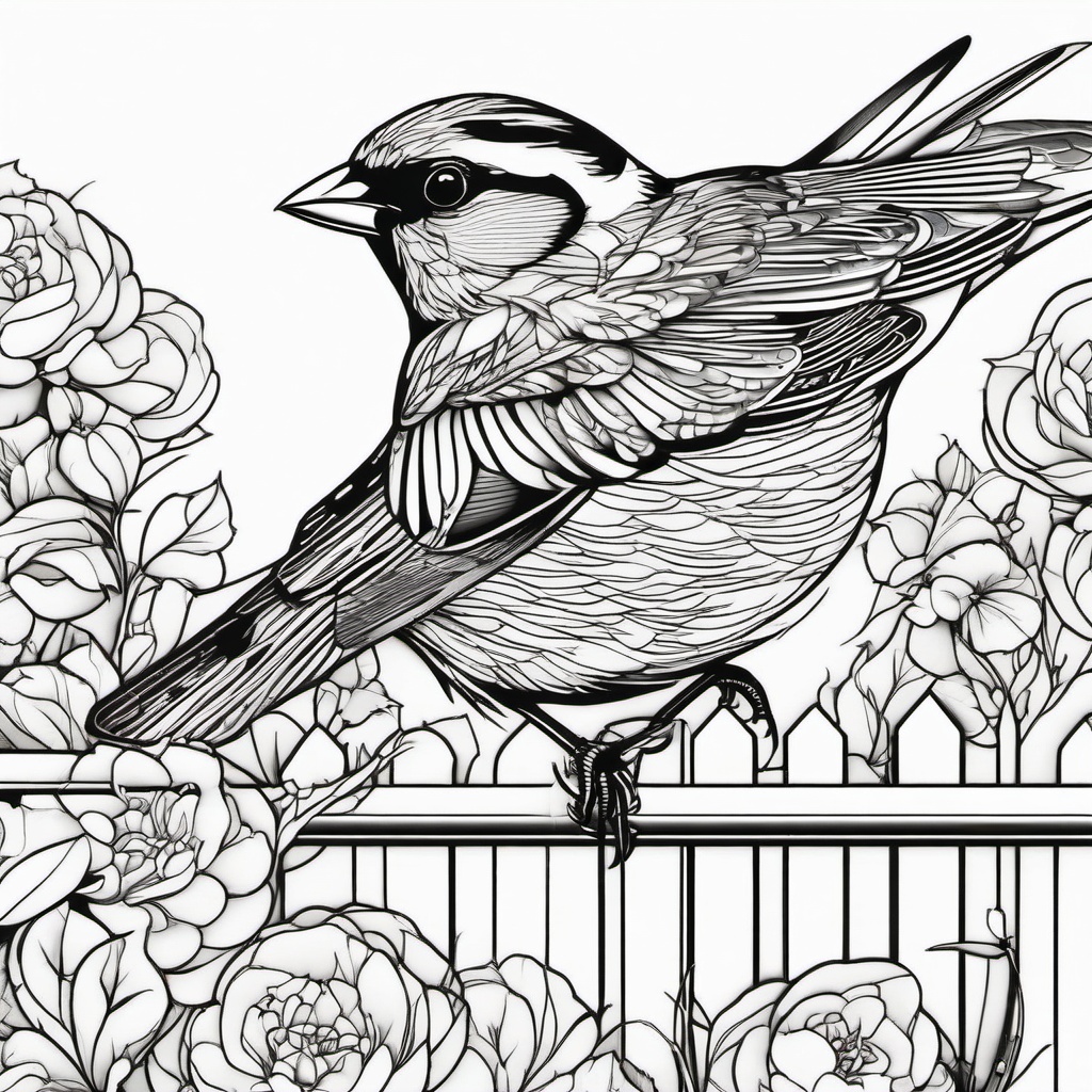 Finch Tattoo - Finch perched on a colorful garden fence  few color tattoo design, simple line art, design clean white background