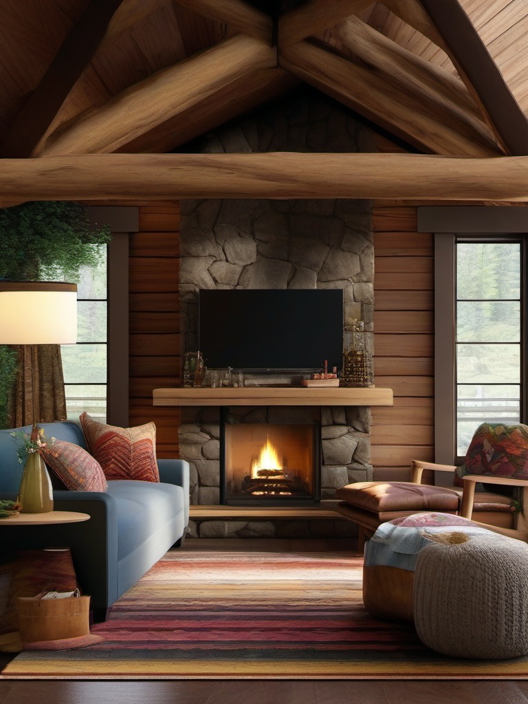 Scenic Mountain Cabin - Bring the cozy charm of a mountain cabin into your living room. , living room decor ideas, multicoloured, photo realistic, hyper detail, high resolution,