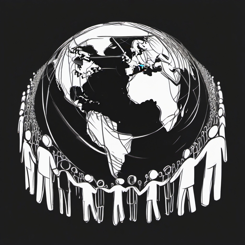 drawing of humans holding hands around the world  minimal rough sketch scribbles,doodles,black and white