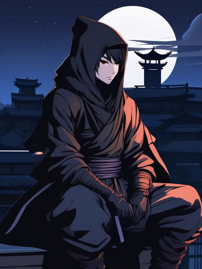 Stealthy ninja character, clad in shadowy attire, silently perched on a rooftop in a moonlit village, ready for a secret mission.  front facing ,centered portrait shot, cute anime color style, pfp, full face visible