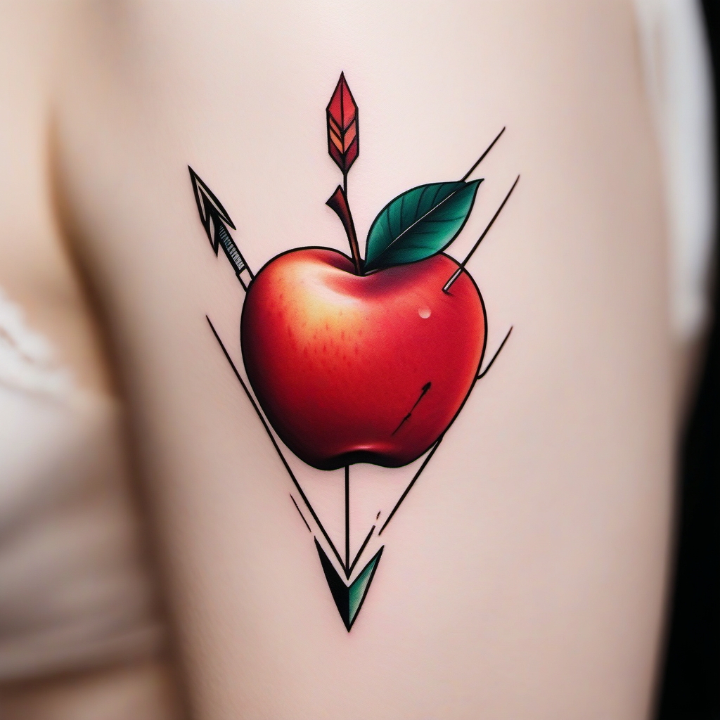 Arrow-pierced apple tattoo. Symbolic impact.  color tattoo minimalist white background