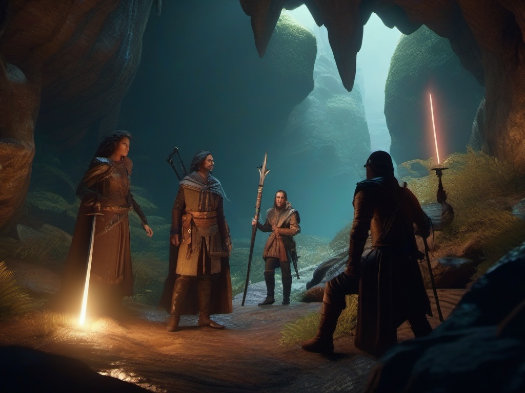 Group of adventurers encounters a sentient talking sword in a hidden cave while on a quest to save their kingdom.  8k, hyper realistic, cinematic