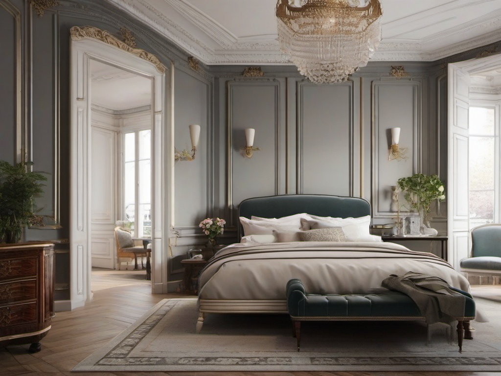 Parisian-style bedroom with vintage furniture and elegant moldings.  