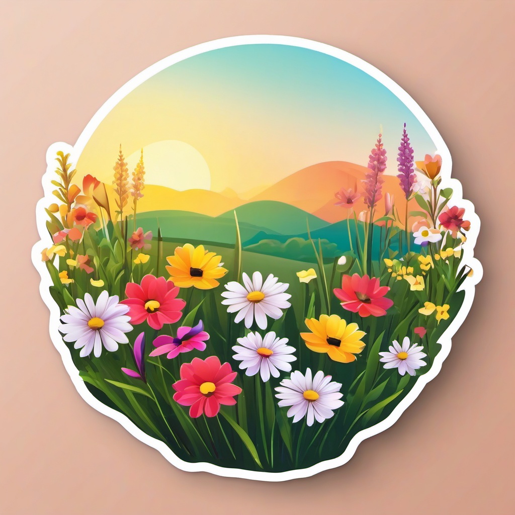 Wildflowers in Meadow Emoji Sticker - Vibrant blossoms in a sunlit meadow, , sticker vector art, minimalist design