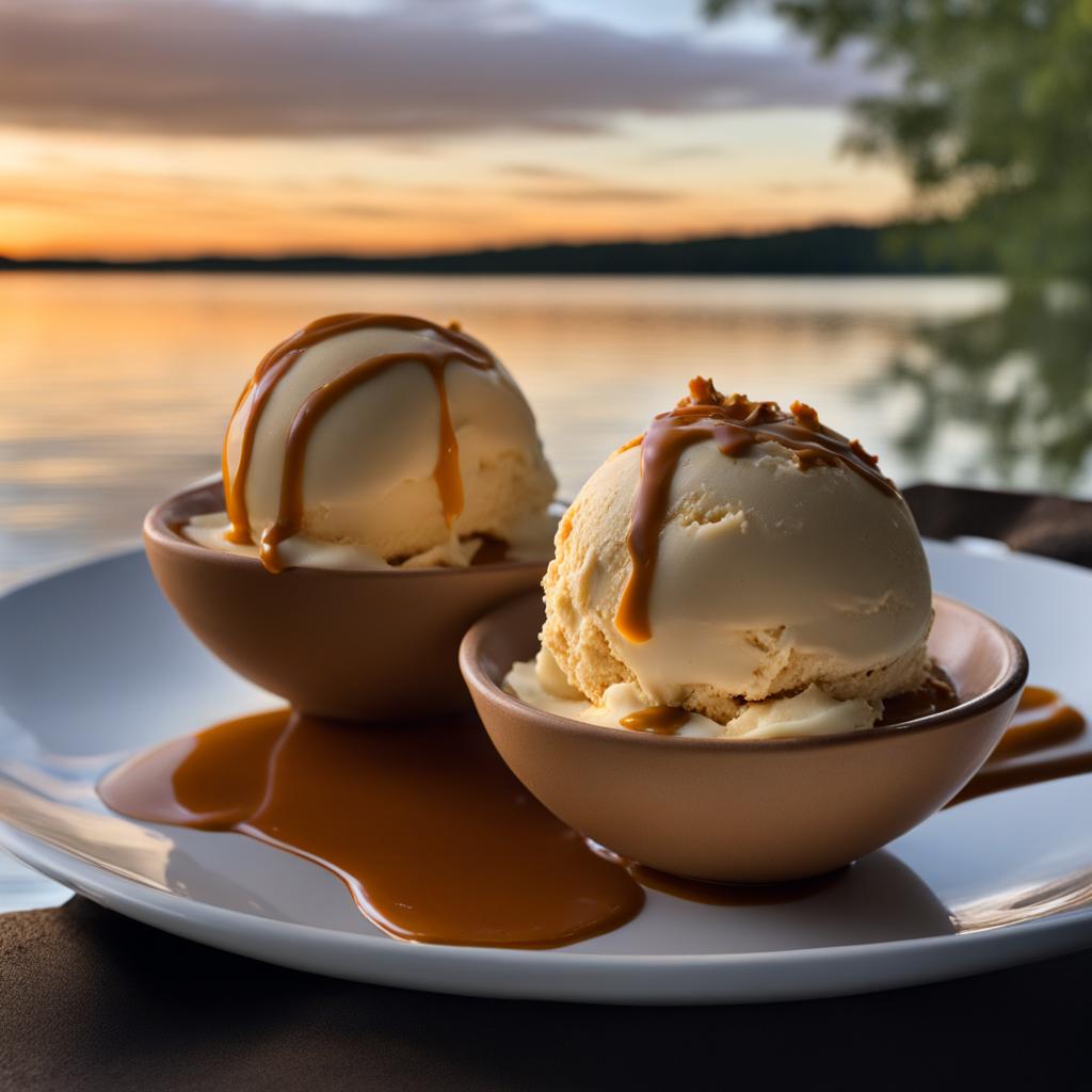 salted caramel truffle ice cream savored on a romantic date by a candlelit lake. 