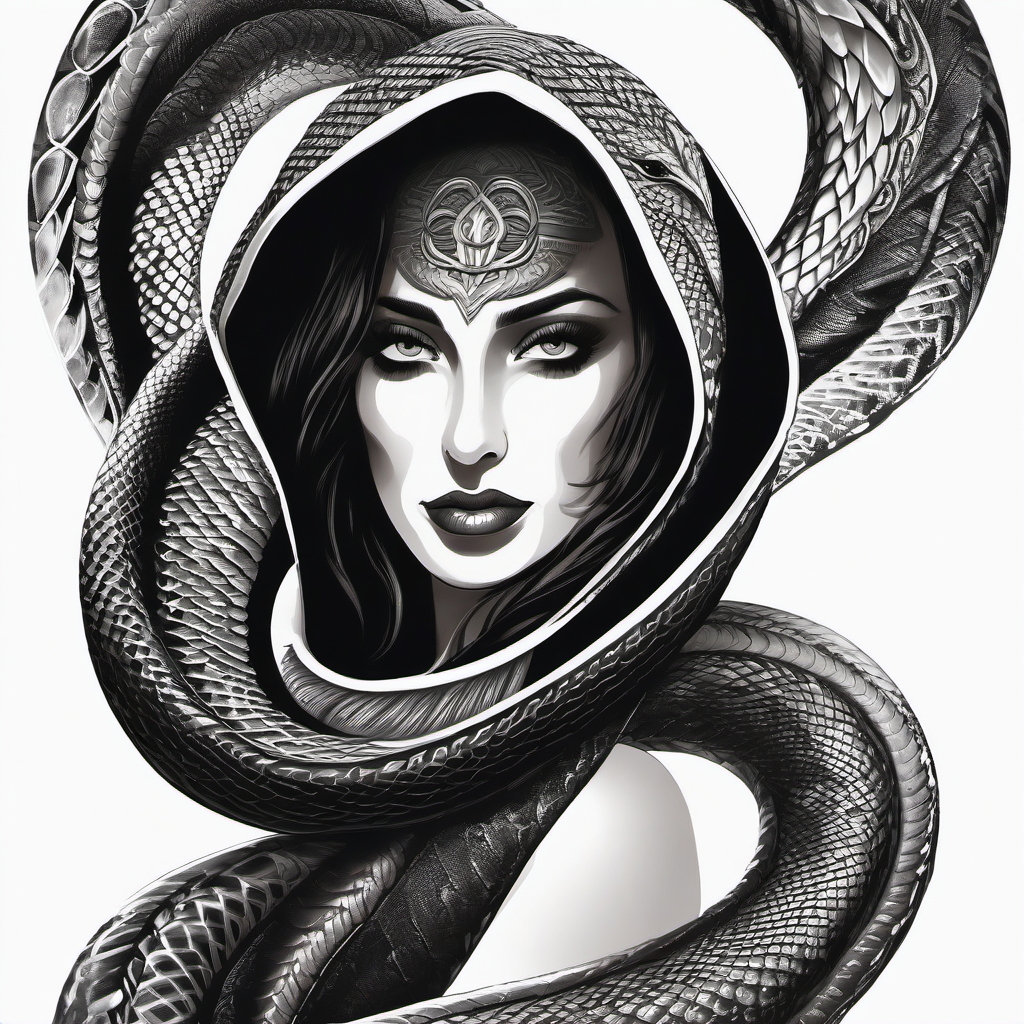 Hooded black mamba ink. Serpent's hypnotic gaze.  color tattoo, white background