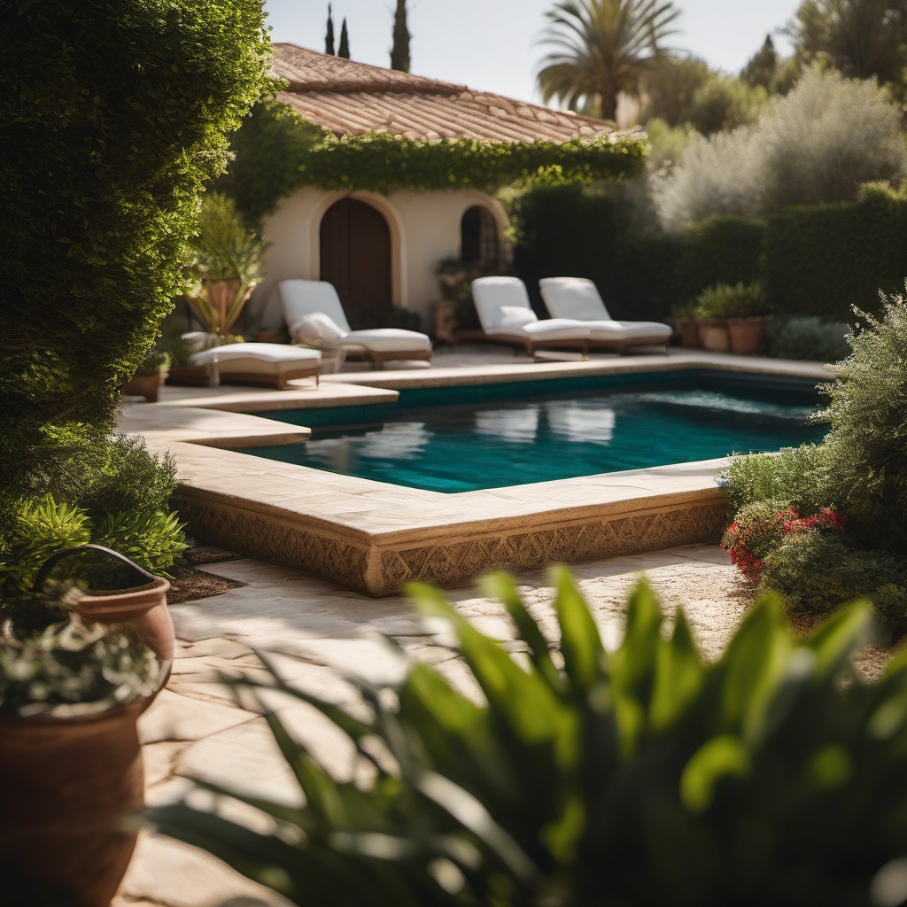 Mediterranean Backyard Paradise - Mediterranean backyard paradise with a tiled pool and lush greenery. realistic, professional photography, bokeh, natural lighting, canon lens, shot on dslr 64 megapixels sharp focus