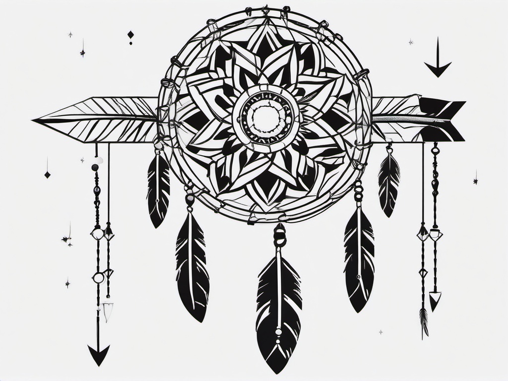 Arrow Dream Catcher Tattoo - Tattoo combining a dream catcher with arrow motifs.  simple vector tattoo,minimalist,white background