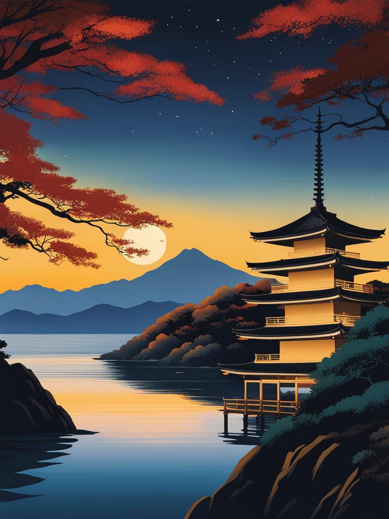 shikoku island - illustrate the tranquil night on shikoku island, with its scenic landscapes, historic temples, and the mystique of the 88 temple pilgrimage. 