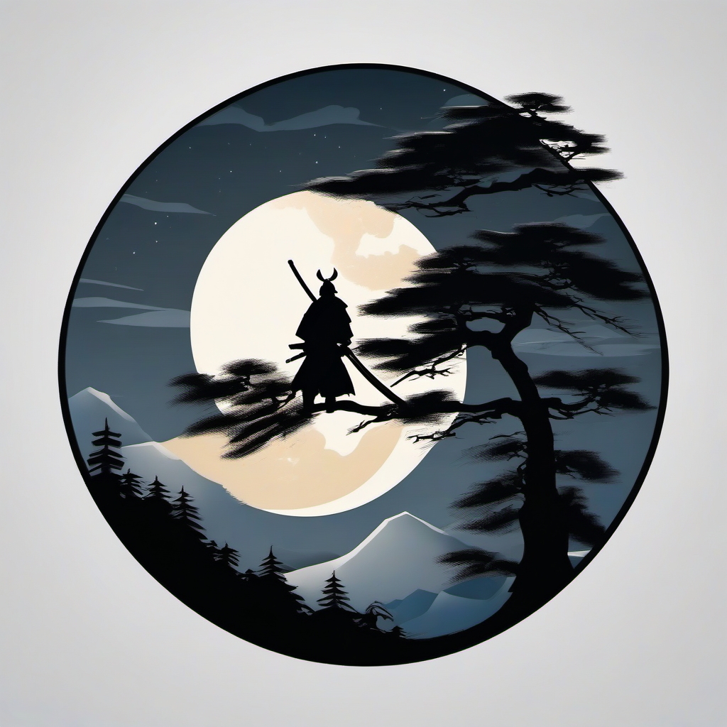 Ronin samurai tattoo against moonlit sky, embodying wisdom.  color tattoo,minimalist,white background