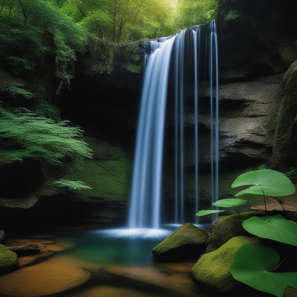 mystical, hidden waterfall cascading into a serene, enchanted pool. 