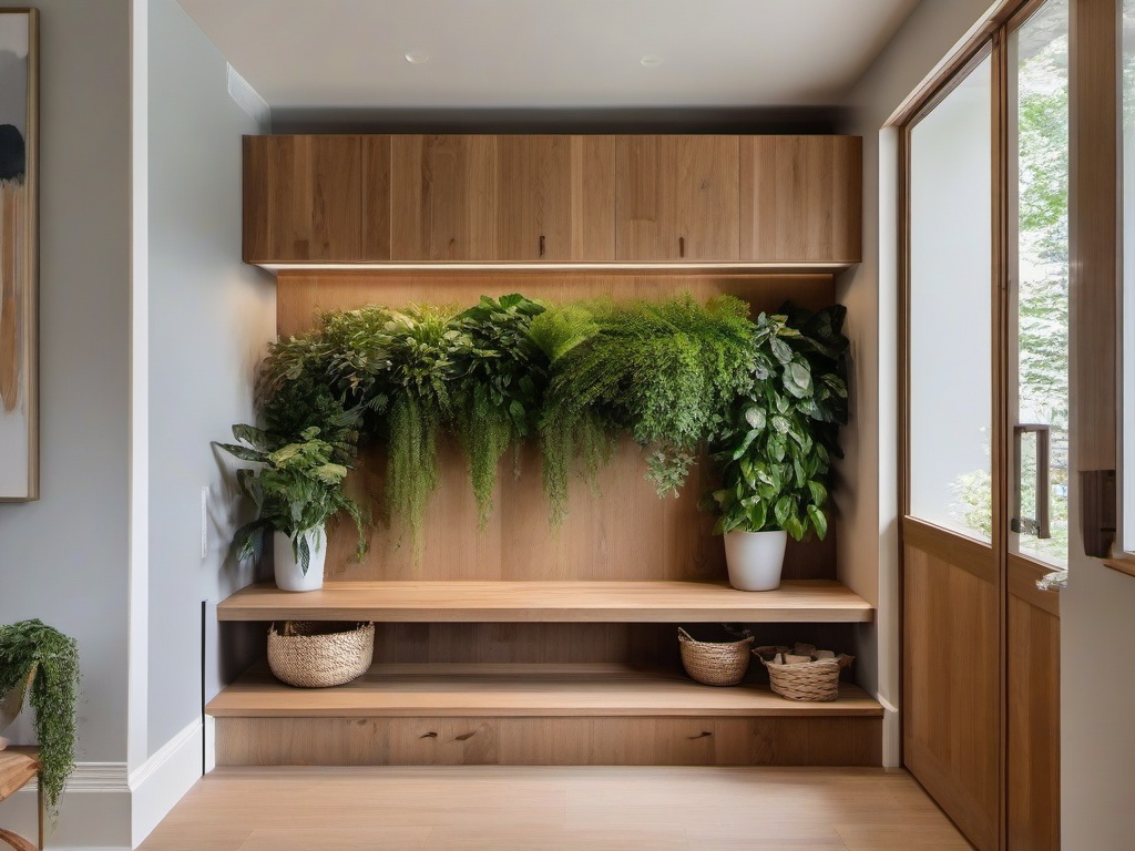 Biophilic interior design in the mudroom features natural wood cabinetry, a living plant wall, and ample light, creating a functional and welcoming space for transitioning from the outdoors.  